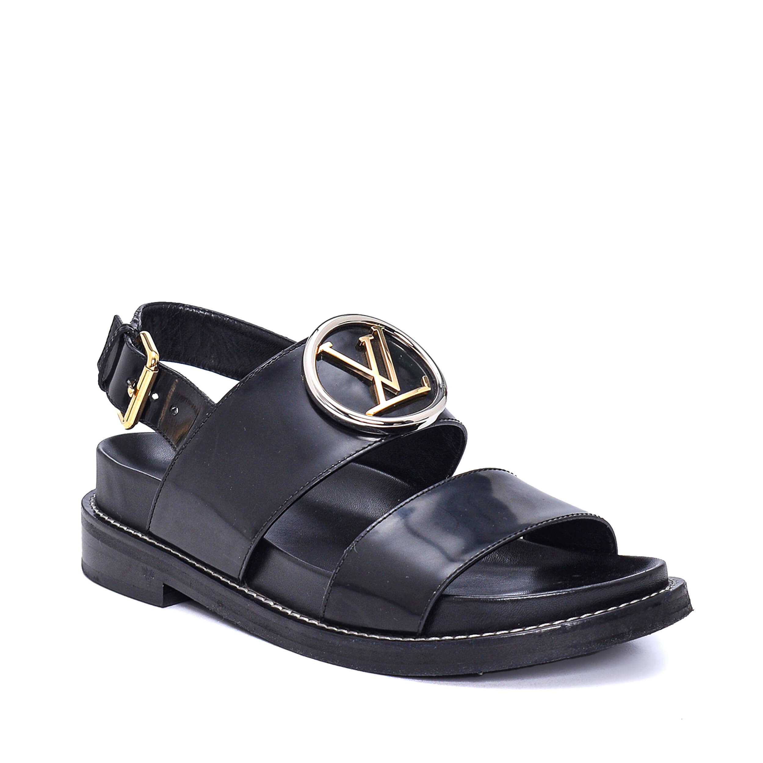 Louis Vuitton - Black Patent Leather LV Buckle Detail Sandals